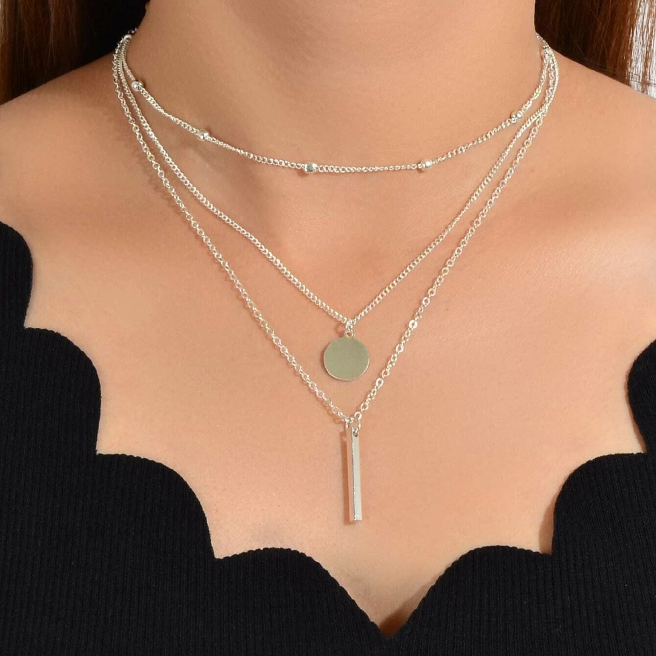 Boho Multi-Layer 3pcs Bar Disc Charm Metal Round Beads Chain Choker Necklace-4