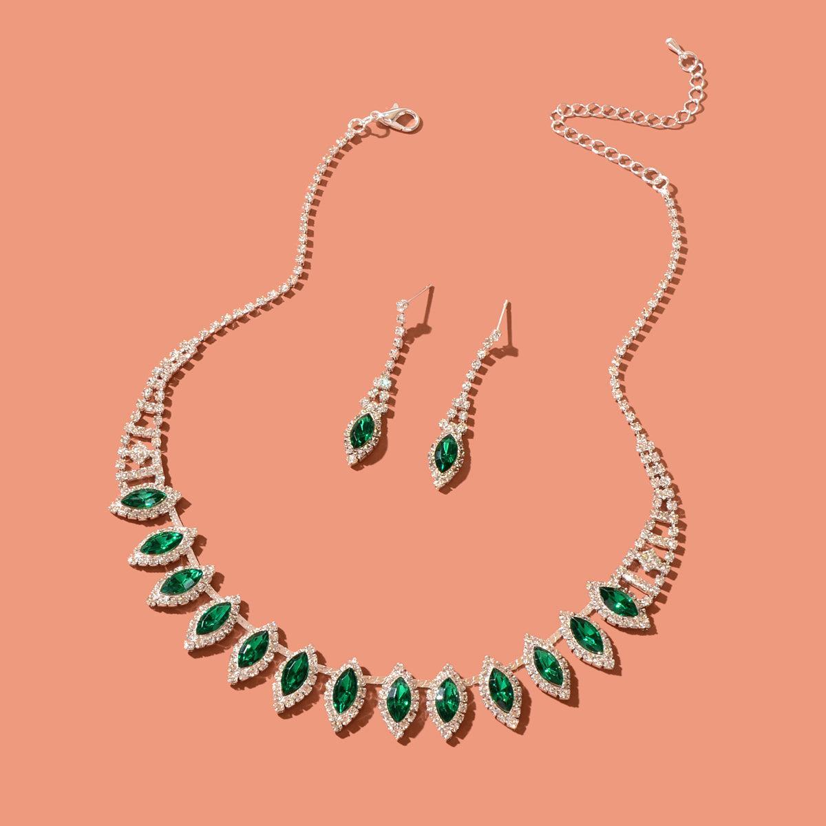 Luxurious Jewellery Set Green Imitation Gemstone Collar Necklace Dangle Earrings-0