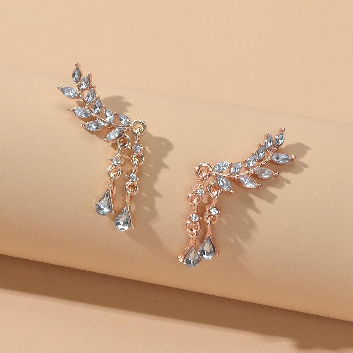 Luxurious Full Rhinestone Gold Silver Water Drop Wing Shape Earrings for Wedding-0