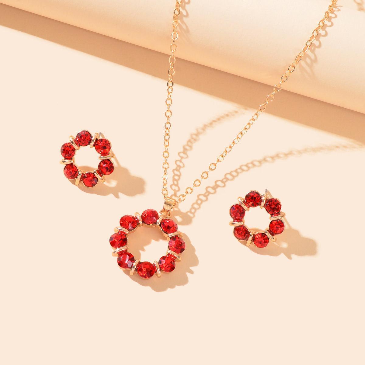 Colourful Rhinestone Flower Jewellry Set Round Charm Necklace Girl Stud Earrings-7