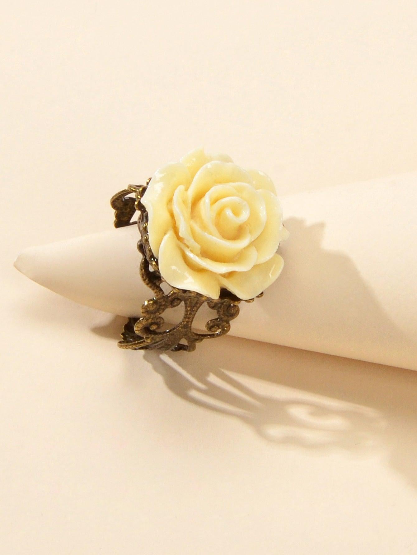Retro Gothic Jewellery Resin Flower Open Cuff Finger Ring Antique Accessories-7