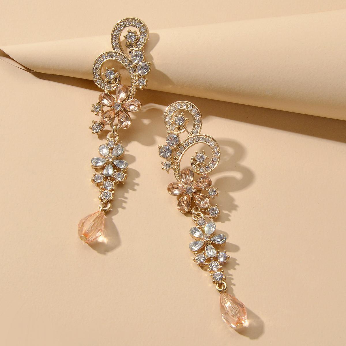 Rhinestone Crystal Decoration Flower Chandelier Earrings Luxury Wedding Jewelry-0