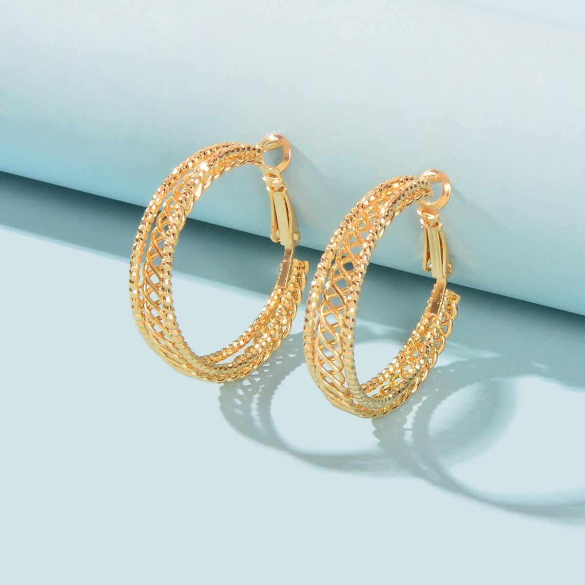 Women Gold Hollow Out Chunky Thick Open Twisted Huggie Statement Hoop Earrings-0