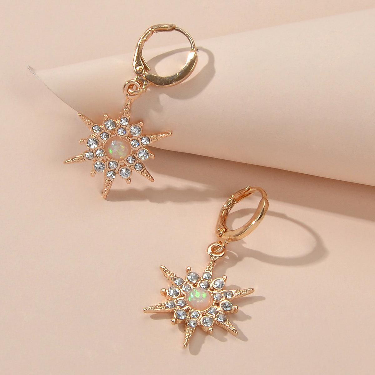 Luxurious Full Rhinestone Spike Star Hoop Dangle Trendy Earrings Ladies Jewelry-0