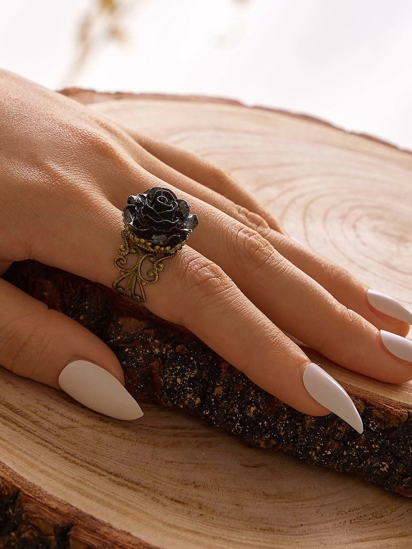 Retro Gothic Jewellery Resin Flower Open Cuff Finger Ring Antique Accessories-0