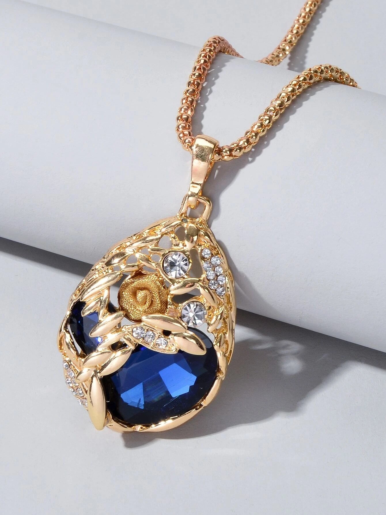 Luxurious Jewellery Rhinestone Champagne Blue Crystal Flower Water Drop Necklace-5