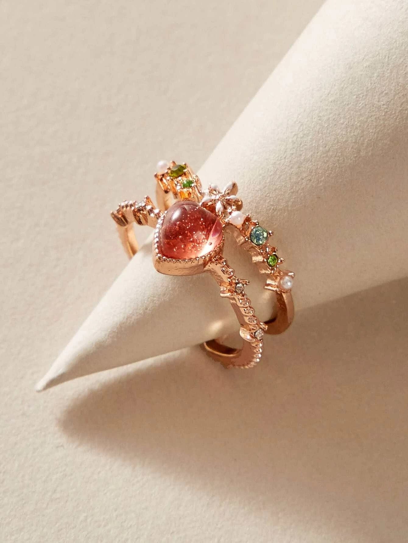 AU Post Luxury Faux Pearl Rhinestone Red Love Heart Rosegold Cuff Finger Ring-0