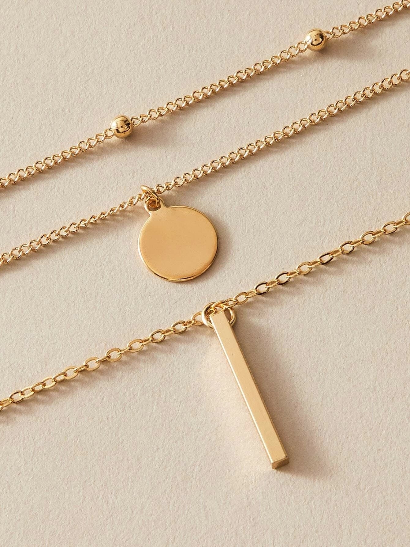 Boho Multi-Layer 3pcs Bar Disc Charm Metal Round Beads Chain Choker Necklace-2