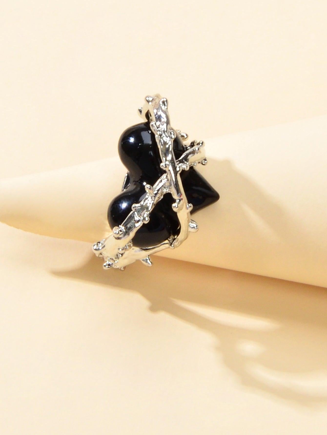 Silver Metal Wrap Black Heart Open Cuff Ring Perfect Engagement Gift Jewellery-1