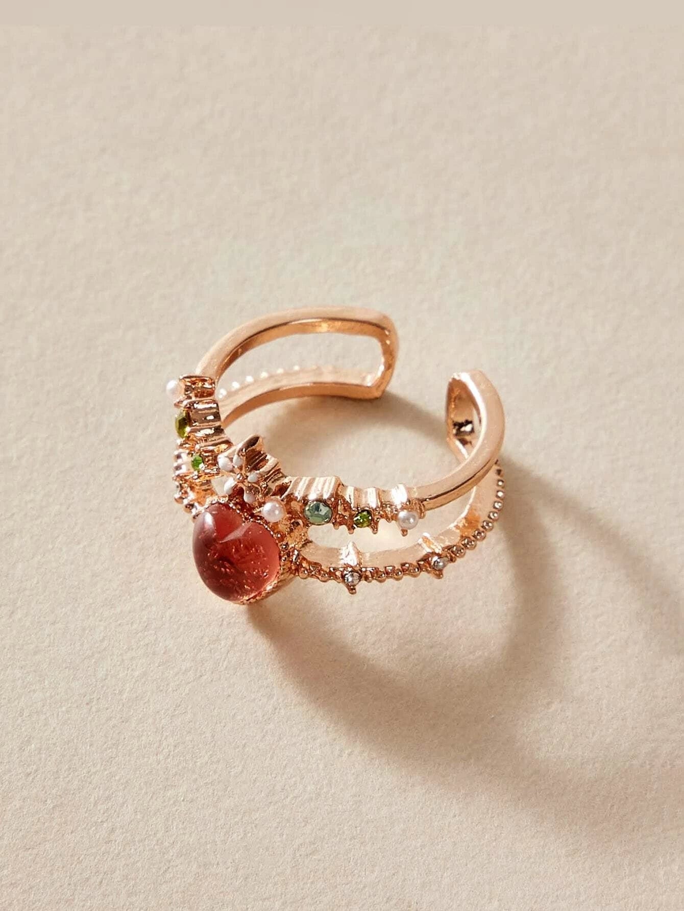 AU Post Luxury Faux Pearl Rhinestone Red Love Heart Rosegold Cuff Finger Ring-1
