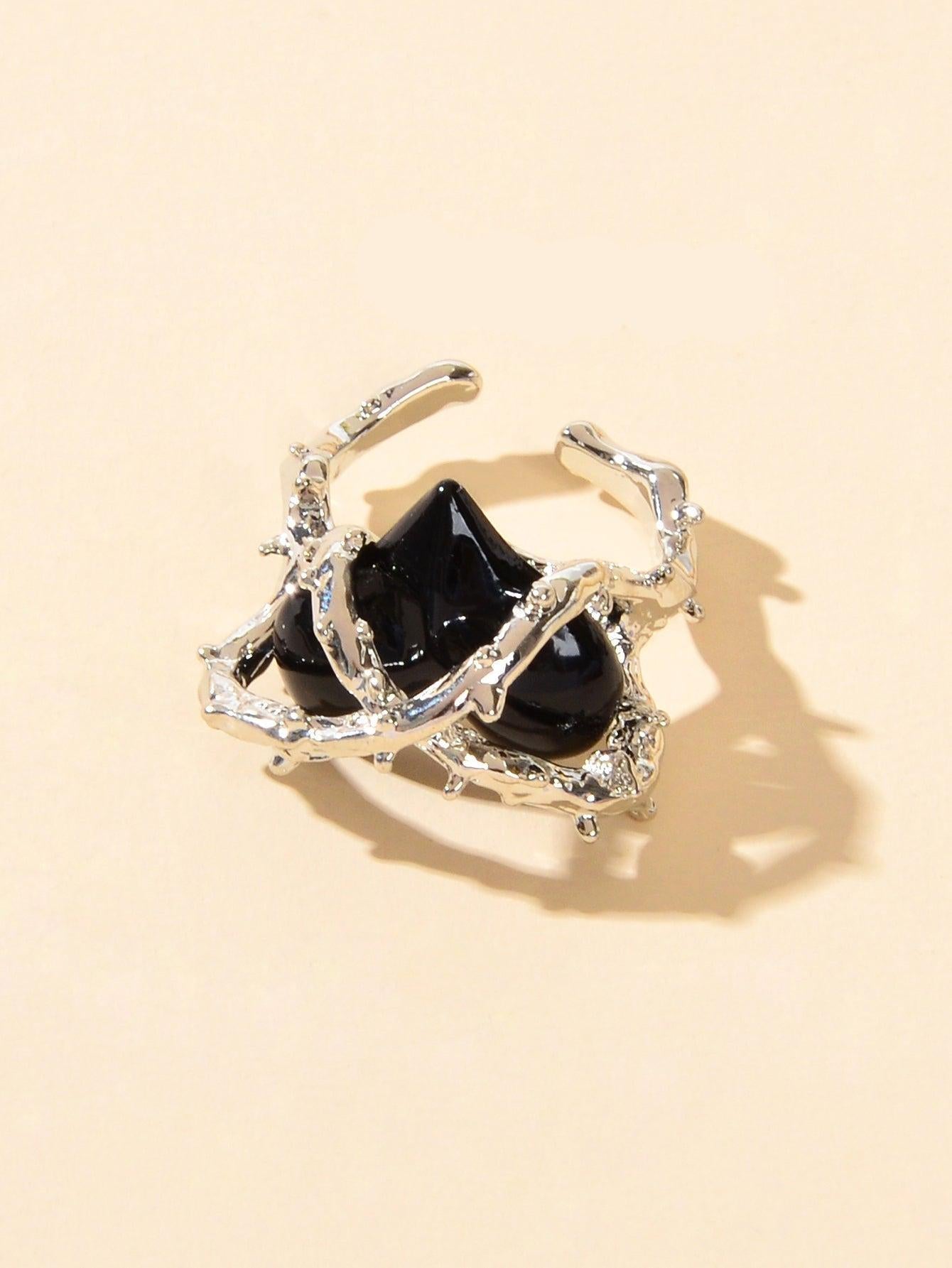 Silver Metal Wrap Black Heart Open Cuff Ring Perfect Engagement Gift Jewellery-2