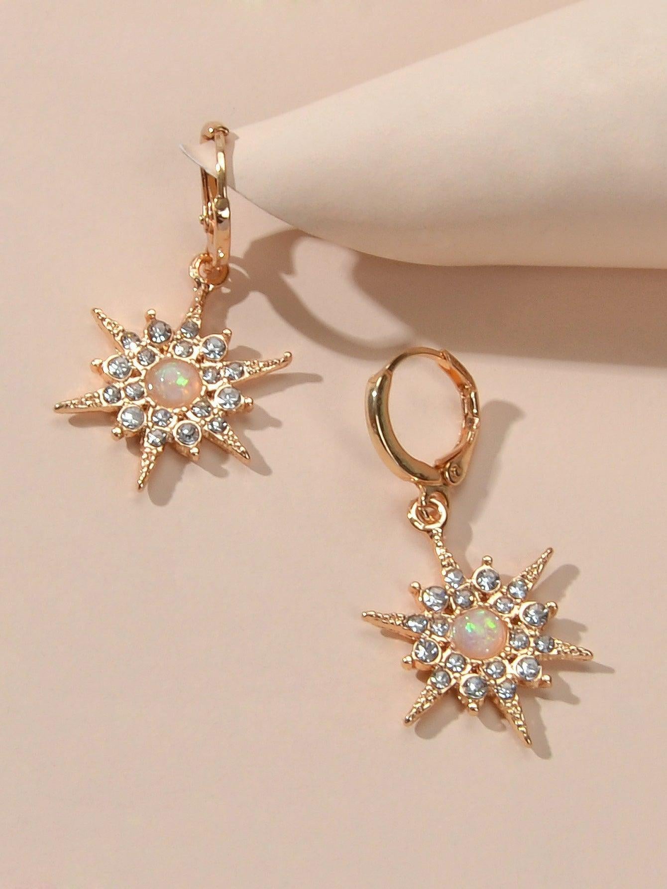 Luxurious Full Rhinestone Spike Star Hoop Dangle Trendy Earrings Ladies Jewelry-3