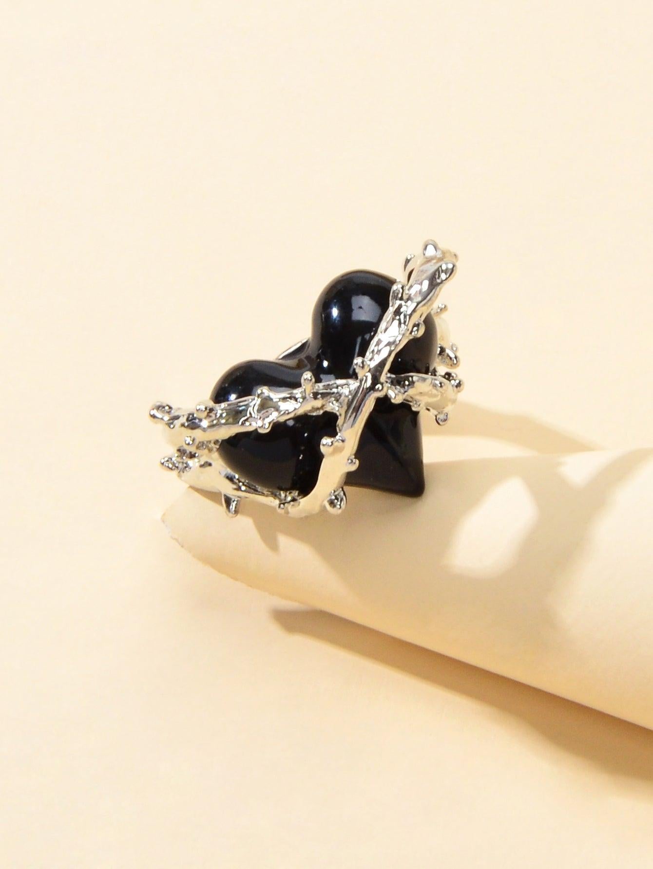 Silver Metal Wrap Black Heart Open Cuff Ring Perfect Engagement Gift Jewellery-3