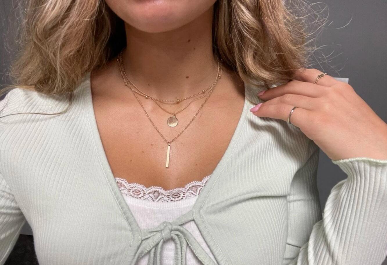 Boho Multi-Layer 3pcs Bar Disc Charm Metal Round Beads Chain Choker Necklace-3